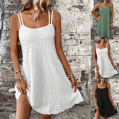 #ad Women Summer Loose Strappy A line Dress Sleeveless Holiday Beach Mini Sundress $13.88