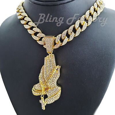 #ad Icy Large Praying Hands Pendant 16quot; 24quot; Iced Cuban Choker Chain Bling Necklace $15.99