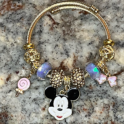 #ad Bracelet Mickey Mouse Bangle Charm Bracelet Gold Plated Multicolored $12.60