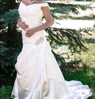 #ad Womens A line princess v neck Court train Satin wedding Bridal Dresses Sz 8P $315.00
