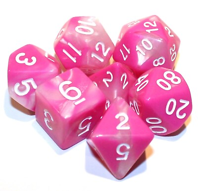 #ad 7 Piece Pink White Gemini Polyhedral Dice Set with Pink Dice Bag Damp;D RPG $11.95