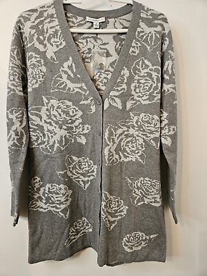 #ad New Isaac Mizrahi Live Womens Gray Floral Knit Button Sweater Jacket Small $19.95