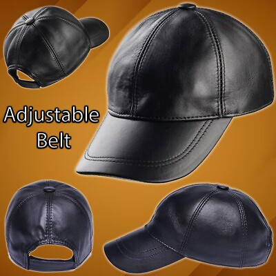 #ad 100% Real Lambskin Genuine Black Leather Baseball Cap Hat Solid Black Unisex Cap $21.00