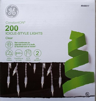 #ad GE ConstantOn 200 Icicle Style Lights Warm White White Wire New in Box. $17.49
