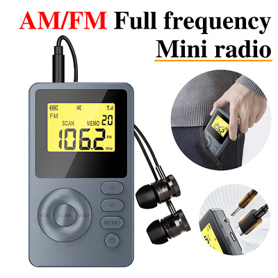 #ad LCD Mini Digital AM FM Radio Stereo Receiver USB Rechargeable W 3.5mm Earphones $20.68