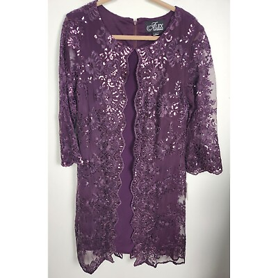 #ad Alex Evenings Sz. 14 Short Embroidered Mock Sequin Jacket Dress In Eggplant NWT $74.99