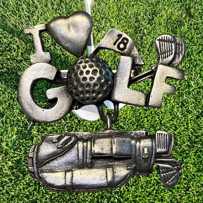 Vintage 2” Pewter “I Love Golf” Brooch Pin Golf Bag Dangle 18th Hole Estate F $14.95