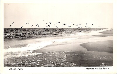 #ad Atlantic City Morning On The Beach Seagulls Flying New Jersey 1941 RPPC Postcard $5.49