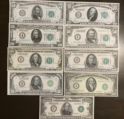 #ad Reproduction 1928 Federal Reserve Note Set $5 $10000 9 Notes See Below $21.99