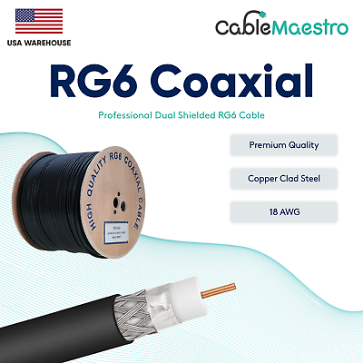 #ad RG6 Coaxial Cable Outdoor Direct Burial 18AWG Dual Shield Wire Satellite Black $78.57