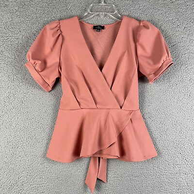 #ad Milk and Honey Blouse Top Coral Crisscross Tie In Back ￼Puff Sleeve Womens M $19.99