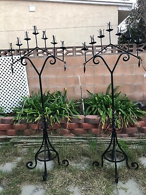 #ad Vintage Pair Gothic Wrought Iron Candle Stands Floor Candelabras 69quot; tall 7 Tier $1800.00