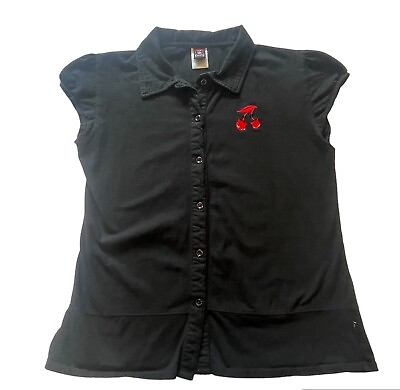 #ad Emily The Strange Shirt Button Up Cap Sleeve Cherry Cat Y2K Goth Black Womens XL $34.95