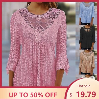 #ad Womens Long Sleeve Floral Lace Tunic Tops Pullover Ladies Casual T Shirt Blouses $18.40