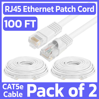 #ad 2 Pack White Cat5e Ethernet Patch Cable 100ft RJ45 Network Cord Internet Wire $25.49