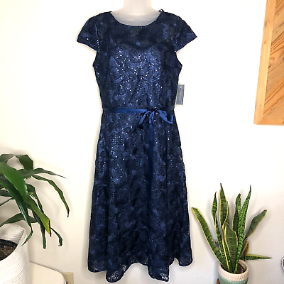 #ad Alex Evenings Navy Lace Sequins Navy Blue Dress Women#x27;s Size 14W Nwt $85.99