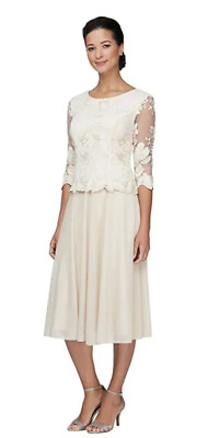 #ad Alex Evenings 81122420 Women#x27;s Tea Length Sequin Mock Dress Size: 14 Taupe $99.00