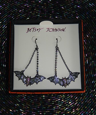 #ad Authentic Betsey Johnson Crystal Halloween Bat Glitter Dangly Earrings Nwt $26.24