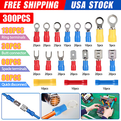 #ad 300x Insulated Assorted Electrical Wire Connector Crimp Spade Ring Terminal Kit $8.48