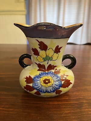 #ad Colorful Double Handle Vase Floral Lustre Ware Made in Japan Vintage Kitsch $16.00