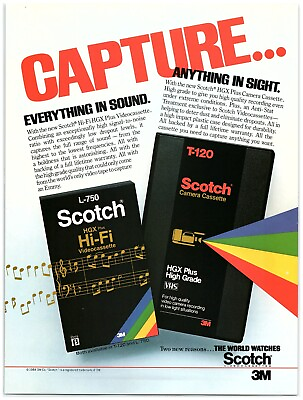 #ad 1985 Scotch Videocassette Print Ad Capture Everything in Sound amp; Sight HGX Plus $9.20