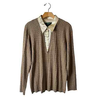 #ad Lauren Ralph Lauren 1X Beige Cashmere amp; Silk Cable Knit Collared Sweater $29.95