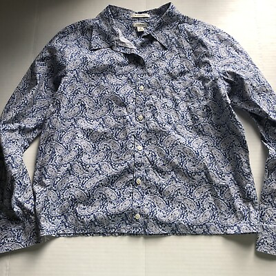 #ad LL Bean Wrinkle Free Blue White Paisley Button Up Top Sz M *read* A1938 $12.00