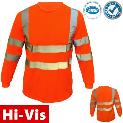 #ad High Visibility T Shirt Hi Vis Safety Orange ANSI Class 3 Reflective Long Sleeve $14.99