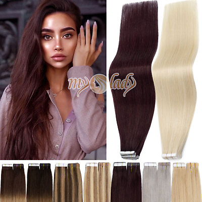 #ad Tape In Real Remy Human Hair Extensions Thick 150G Full Head Skin Weft Wine Red $48.58