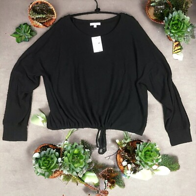 #ad Socialite Womens 1X Black Pullover Long Sleeve Knit Top Drawstring Round Neck $18.95