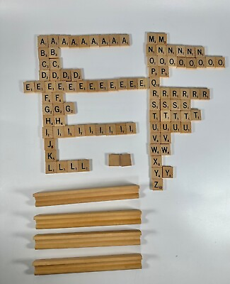 #ad 99 Replacement Wooden Scrabble Tiles and 4 Holders From Older Scrabble Game $9.99