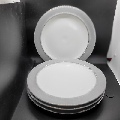 #ad 4 Majestic by Easterling Dinner Plates Light Gray Rim White Center Platinum Edge $35.98