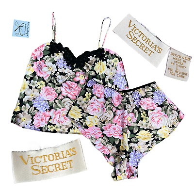 #ad Victoria#x27;s Secret Gold Label Floral 2 PC Slip Lingerie Pajama Set Sz L $50.00