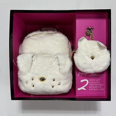 #ad NEW Betsey Johnson Mini White Fur Dog Backpack Crossbody Bag amp; Ear Bud Case $65.00