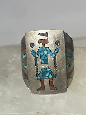 #ad Kokopelli ring size 11.75 Navajo turquoise coral chips southwest sterling silve $228.00