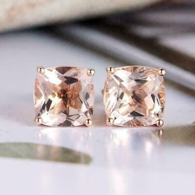 #ad 4CT Cushion Cut Lab Created Peach Morganite Stud Earrings 14K Rose Gold Plated $69.75