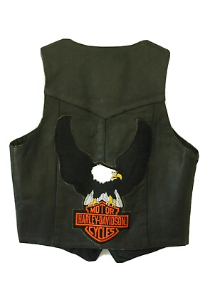#ad Harley Davidson Eagle Mens S First Genuine Leather Motorcycle Biker Vest Black $49.99
