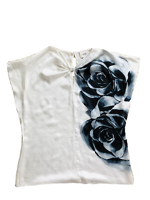 #ad Eci New York 100% Silk White Pull Over Blouse Black Blue Roses Women Size S. $47.39