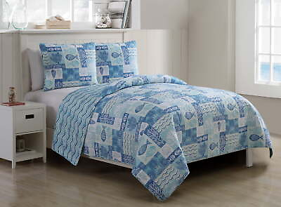 #ad #ad Patchwork Sealife 3 Piece Blue Nautical Reversible Quilt Set Full Queen $19.23