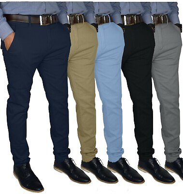 #ad Mens Slim FIT Stretch Chino Trousers Casual Flat Front Flex Classic Full Pants $22.94
