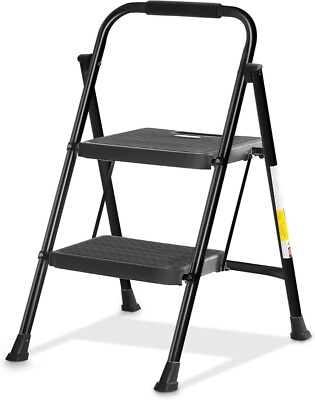 #ad Steel Folding 2 Step Stool Ladder Adults With Soft Grip Handle 330 Lbs Black $31.99