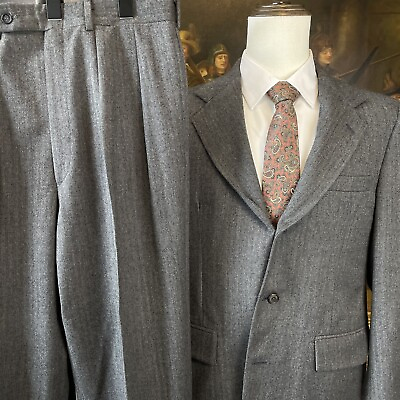 #ad VTG Old School Bespoke 40R 32 x 30 USA MADE Gray Herringbone Wool 3 Roll 2 Suit $119.18