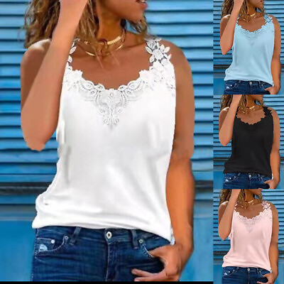 #ad Summer Women Solid Sleeveless Vest Ladies Lace Casual Blouse Beach Cami Tank Top $15.59