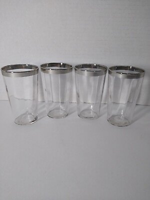 #ad Silver Rimmed Clear Glass Juice Drinking Glasses Set Of Four 3.5quot; $20.00