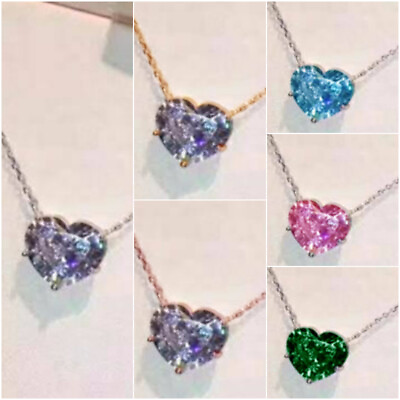 #ad 925 SilverGoldRose Gold Necklace Pendant Heart Cubic Zircon Wedding Gift C $2.81