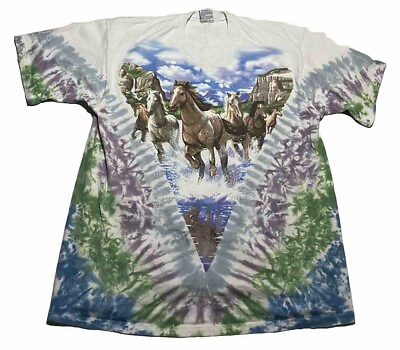 #ad Vintage 90’s Liquid Blue Horse Tie Dye T Shirt XL Nature AOP Water Scenery AL5 $85.00