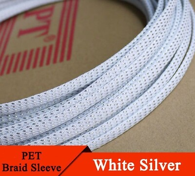 #ad White Silver PET Braided Wire Sleeves Insulated Cables Protection Expandable 1m $7.49