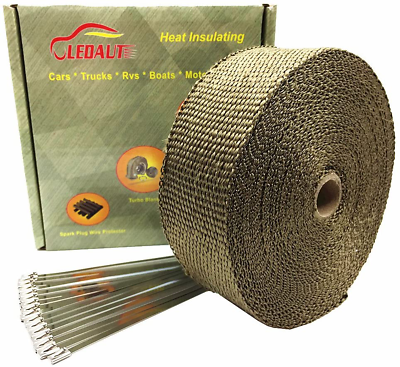 #ad LEDAUT 2 X 50 Titanium Exhaust Heat Wrap Roll Motorcycles 8Pc Stainless Ties $23.98