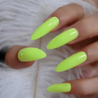 #ad Neon Green Long Stiletto Press On Nails Glue On False Set 24 pcs Kit $12.95