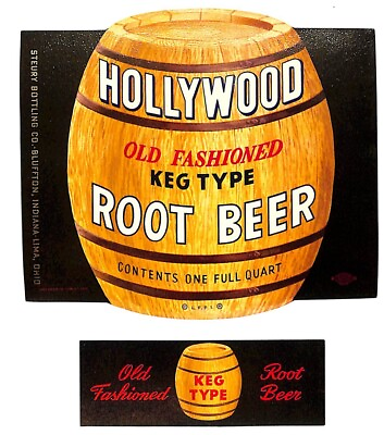 #ad Hollywood Keg Type Root Beer Soda Paper Label Set Steury Bottling c1952 60#x27;s $11.99